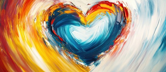 Leinwandbilder - Colorful heart shape surrounded by vibrant orange, blue, and white brush strokes on textured canvas, creating an artistic abstract composition.