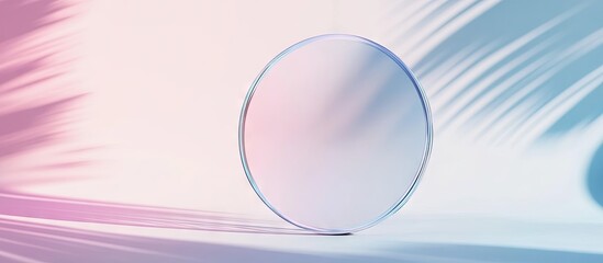 Leinwandbilder - Abstract 3D glass sphere centered on a soft pastel gradient background featuring pink and blue hues with gentle directional light reflections.
