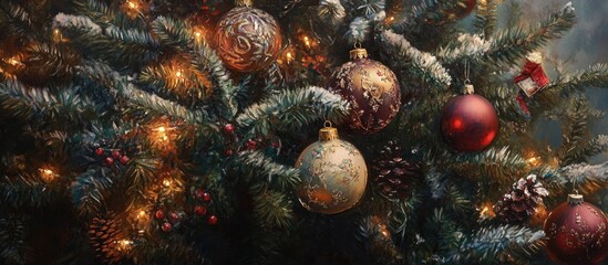 Poster - Elegant close-up of a decorated Christmas tree featuring gold and red ornaments, twinkling lights, with snowy accents on lush green branches.