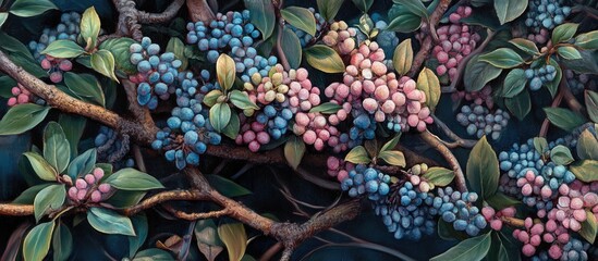 Aufkleber - Vibrant close-up of clusters of blueberries and pinkish berries intertwined with green leaves on dark background showcasing rich colors and textures.