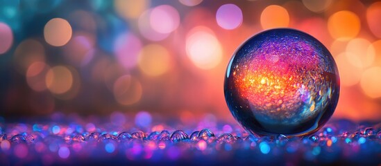 Leinwandbilder - Vibrant optical lens positioned centrally against a colorful bokeh background showcasing hues of blue, purple, and orange in a dreamy abstract setting.