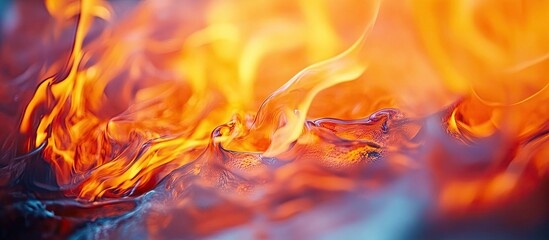 Leinwandbilder - Fiery molten glass in vibrant orange and blue hues swirling together, showcasing the intricate art of glass blowing during production.
