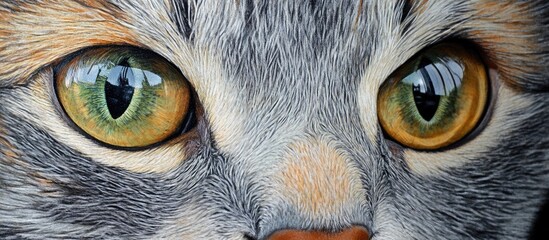 Aufkleber - Hyper-realistic close-up of a gray cat's striking eyes with reflective green and amber hues set against a soft, abstract background showcasing detail.