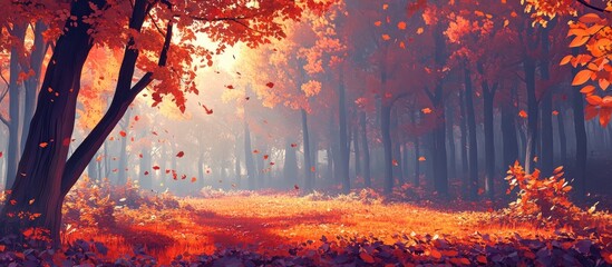Aufkleber - Vibrant autumn forest scene with illuminated trees in shades of orange and red, soft mist in the background, and scattered leaves on the ground.