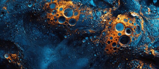 Leinwandbilder - Luminous blue and orange metallic particles amidst a dark cosmic background, showcasing intricate bubbles and textures in a captivating display