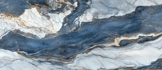 Fototapete - Abstract blue marble texture featuring swirling patterns of deep blue, silver, and white with a polished finish in a horizontal layout.
