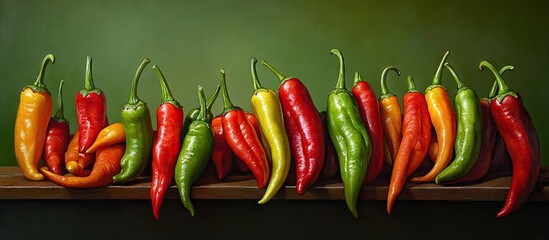 Aufkleber - Colorful assortment of vibrant chili peppers in red yellow and green arranged neatly on a shelf against a rich green background showcasing texture