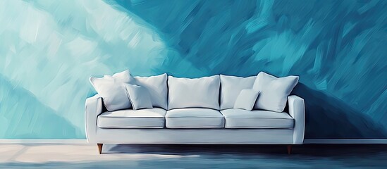 Fototapete - Modern minimalist living room with a white sofa against a teal abstract wall, featuring soft pillows and natural light illuminating the space.