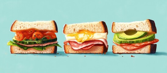 Aufkleber - Colorful illustration of three gourmet sandwiches on a light blue background featuring fresh ingredients like avocados and meats arranged in a visually appealing way