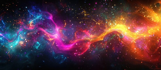 Leinwandbilder - Vibrant abstract background of glowing digital particles in flowing patterns with colors of pink, orange, blue, and purple against a dark backdrop.