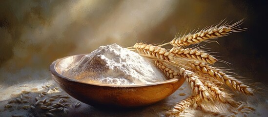 Poster - Bowl of white flour in a wooden bowl with light brown wheat grains and golden ears of wheat arranged to the right against a soft warm background.