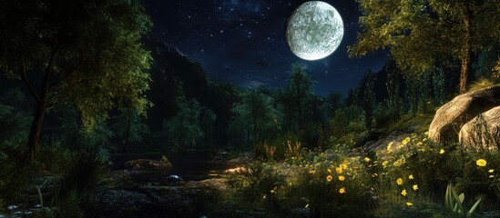 Poster - Moonlit forest scene with bright moon illuminating lush green trees and sparkling stream, casting serene shadows in enchanting night landscape.