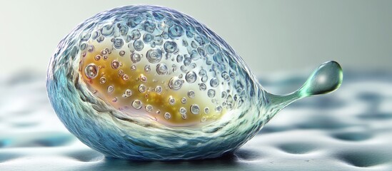 Poster - Microscopic view of a spherical cell with dynamic flagellum movement, showcasing translucent blue and orange hues against a soft green background.