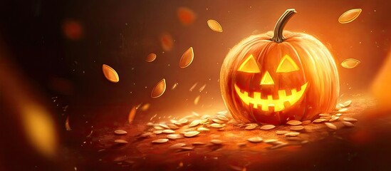 Poster - Vibrant carved pumpkin with glowing face set against warm orange background with falling leaves creating a festive Halloween atmosphere