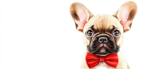 Poster - Fawn French Bulldog puppy with reddish orange bowtie on clean white background features brown fur large ears and cute pink nose in portrait view