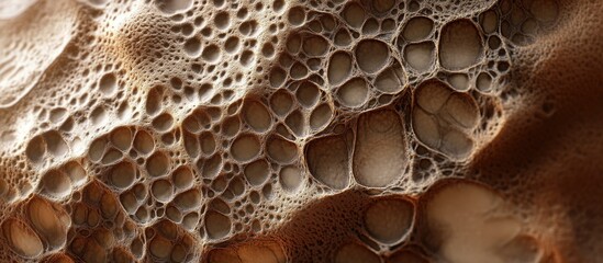 Poster - Abstract close-up of textured organic foam with brown and beige bubbles on a dark background capturing intricate details and natural patterns.