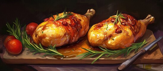 Poster - Golden roasted chicken thighs garnished with fresh rosemary on a wooden cutting board surrounded by cherry tomatoes, capturing a warm inviting meal setup.