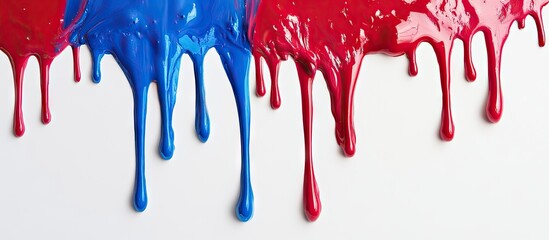 Fototapete - 3D vibrant red and blue paint drips flowing elegantly down a clean white background showcasing artistic expression and dynamic color contrast