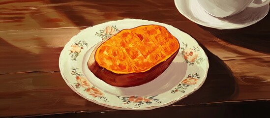 Aufkleber - Homemade baked sweet potato on floral plate with warm orange hues beside white coffee cup on wooden table ideal for cozy beverage pairing