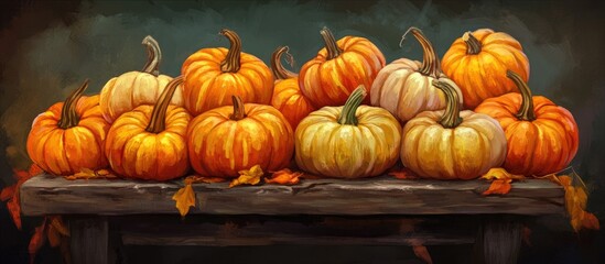Aufkleber - Colorful pumpkins in shades of orange and white arranged on a rustic wooden table with autumn leaves, set against a dark, moody background.