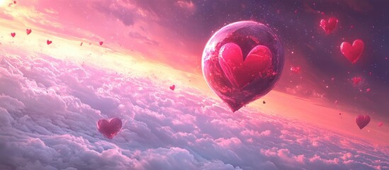 Aufkleber - Romantic scene with floating hearts in a pink and purple sky above soft clouds capturing a dreamy atmosphere of love and tranquility.