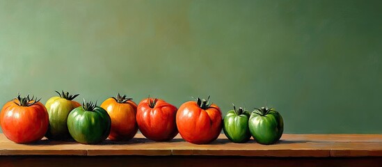 Aufkleber - Colorful tomatoes in varying shades of red and green neatly arranged on a wooden table against a soft green background highlighting their natural beauty