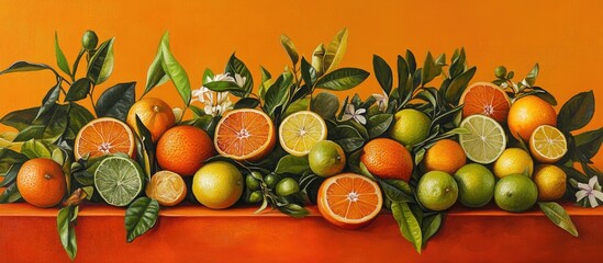 Poster - Vibrant tropical arrangement of fresh citrus fruits oranges lemons and limes on an orange background with green leaves for a lively summer feel