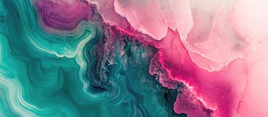 Aufkleber - Abstract fluid art of a geode featuring an ombre blend of teal green and magenta pink with swirls and natural gemstone textures.