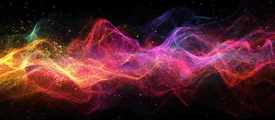 Leinwandbilder - Colorful glowing wave flow in vibrant hues of purple, pink, orange against a black background, illustrating future technology and network concepts.