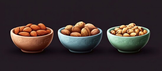 Aufkleber - Assorted nuts in three bowls on a dark background featuring warm browns and cool greens highlighting a healthy snack option for a nutritious diet