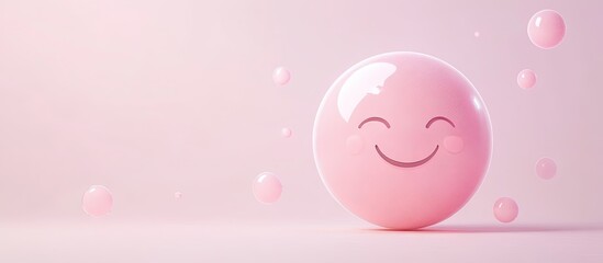 Aufkleber - Smiling pink sphere on a soft pink background with floating bubbles creating a cheerful atmosphere and sense of joy in the scene