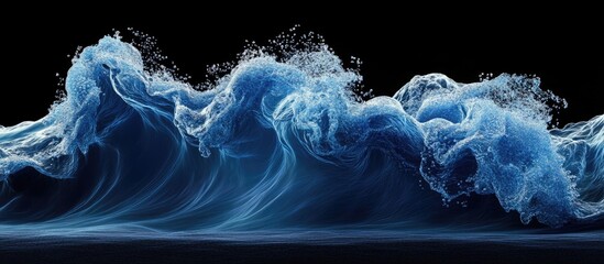 Aufkleber - Majestic dark blue ocean wave crashing with white frothy highlights against a black background, creating a dramatic and dynamic visual effect.