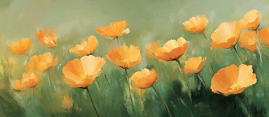 Leinwandbilder - Vibrant orange poppies in a lush green field with soft brush strokes and a dreamy background creating a serene and calming atmosphere.