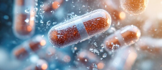 Poster - Vibrant close-up of orange and white capsules floating in a misty blue background with sparkling water droplets creating a dynamic, scientific mood.