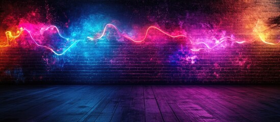 Leinwandbilder - Vibrant abstract neon lights in pink, blue, and purple illuminate a dark floor and brick wall, creating a dynamic and creative atmospheric background.