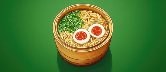 Poster - Delicious bowl of noodles featuring green onions and boiled eggs in a bamboo steamer with a vibrant green background for a fresh culinary feel
