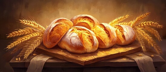 Poster - Freshly baked rustic bread loaves on a wooden board with golden wheat stalks, warm tones of brown and gold creating a cozy, inviting atmosphere.
