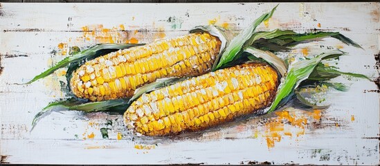 Poster - Vibrant yellow cooked corn with green husks on a rustic white wooden table creating an appealing summer meal visual perfect for gatherings.