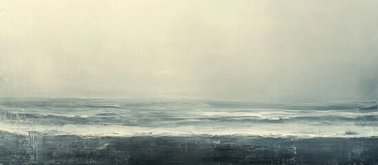 Aufkleber - Serene coastal landscape featuring gentle waves and a muted gray-blue color palette with soft, foggy sky and calm ocean horizon.
