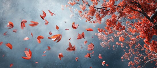 Aufkleber - Vibrant red cherry leaves falling amidst a dark blue and gray cloudy background, encapsulating the serene beauty of autumn.