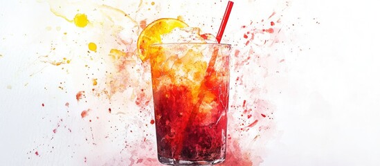 Poster - Vibrant watercolor splash featuring a refreshing red beverage with citrus garnish and a straw in a clear glass on white background
