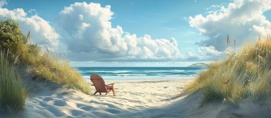 Aufkleber - Serene beach scene with golden sand dunes, a rustic wooden chair in the foreground, bright blue sky, and fluffy clouds creating a tranquil atmosphere.