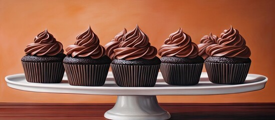 Poster - Elegant dessert display featuring five black cocoa cupcakes with rich dark chocolate buttercream on a white tray against a vivid burnt orange backdrop.