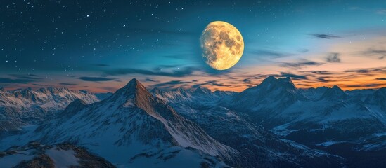 Aufkleber - Majestic mountains under a luminous full moon with a serene night sky in shades of blue and orange creating a magical atmosphere in nature