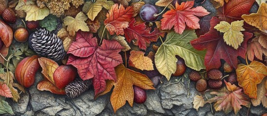 Aufkleber - Autumn foliage composition featuring vibrant red, orange, and yellow leaves with pine cones and acorns against a textured stone background.
