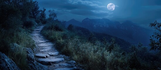 Poster - Moonlit mountain trail featuring a winding stone path bathed in blue light under a large full moon, surrounded by lush greenery and distant peaks.