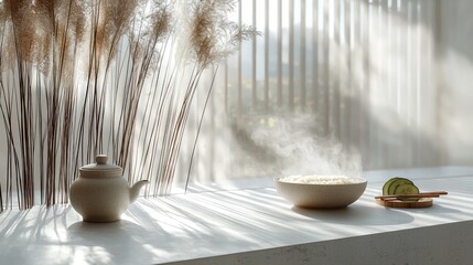 Wall Mural - Steaming rice bowl and teapot on white table by a window with pampas grass