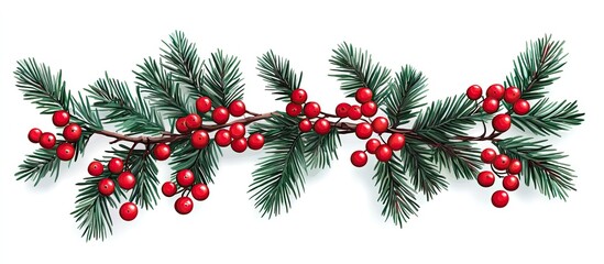 Poster - Festive composition with lush green fir branches and bright red berries creating a decorative border on a clean white background for holiday design.