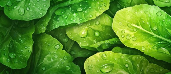 Aufkleber - Vibrant green romaine lettuce leaves with glistening water droplets create a fresh and healthy food background emphasizing vitality and freshness.