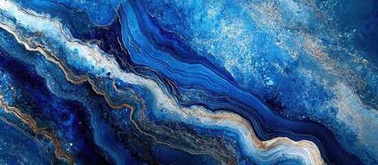 Fototapete - Abstract blue and gold marble texture featuring wavy lines and gradients predominantly in shades of deep blue, positioned throughout the image.